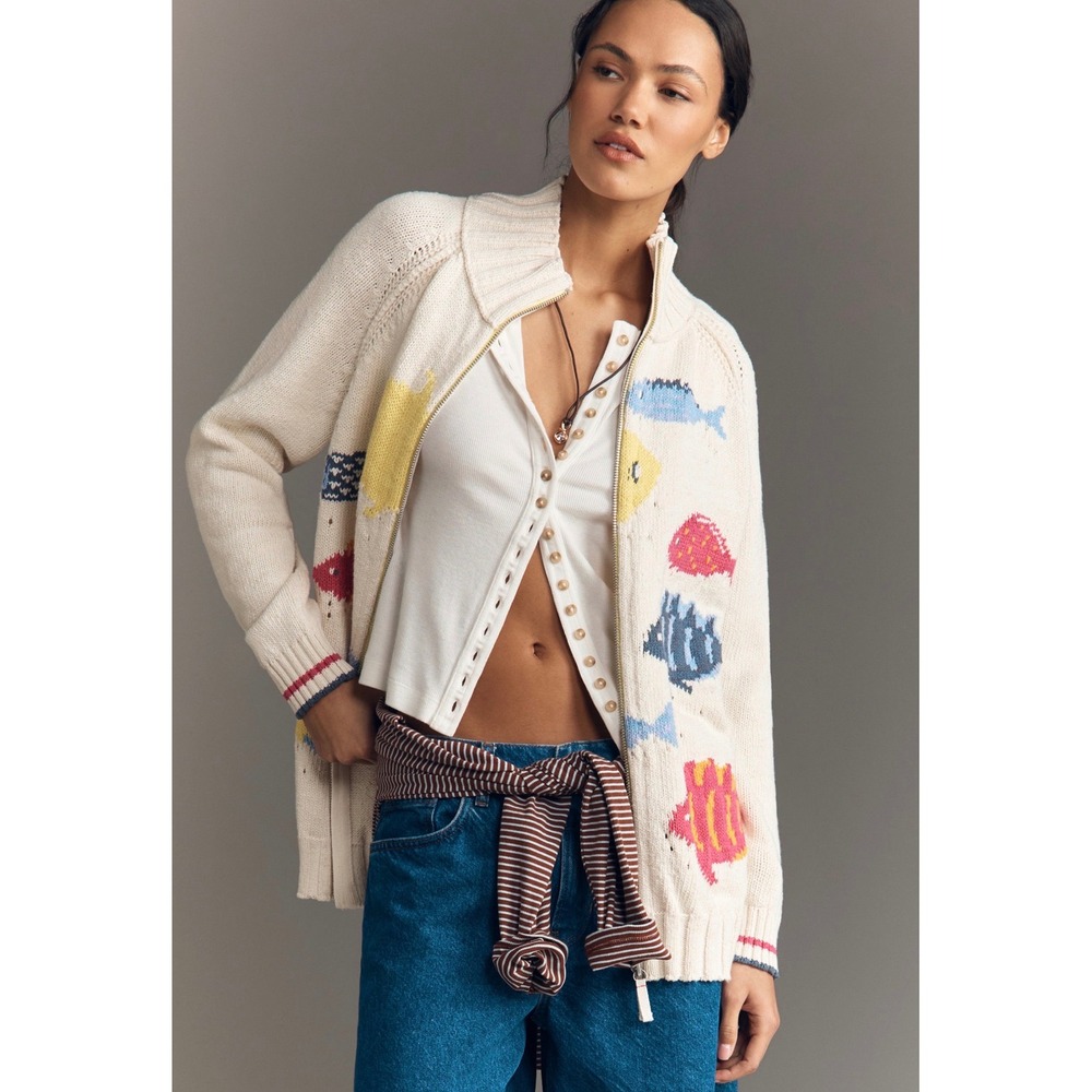 Anthropologie Pilcro Fish Icon Zip Up Sweater Cream Knit Cardigan
Size: Large